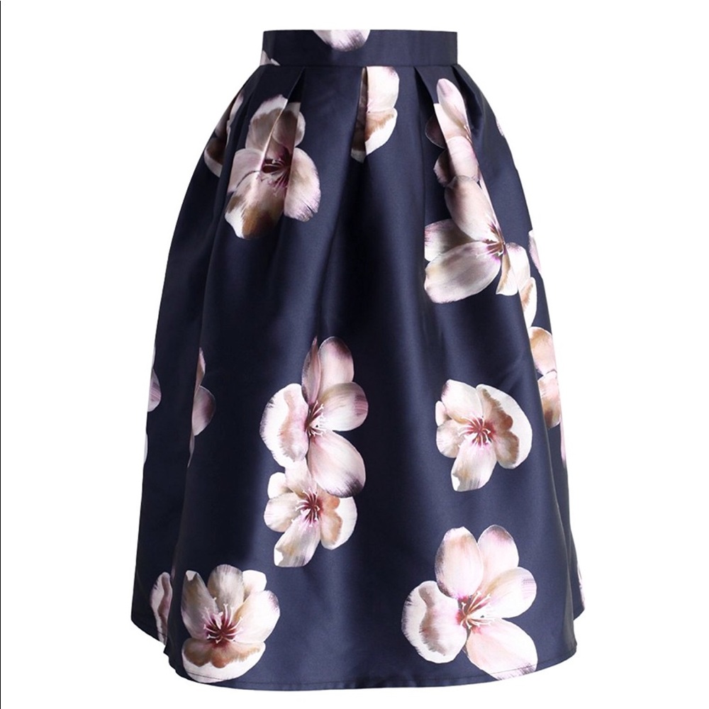 Peach Blossom Navy Floral A-Line Skirt